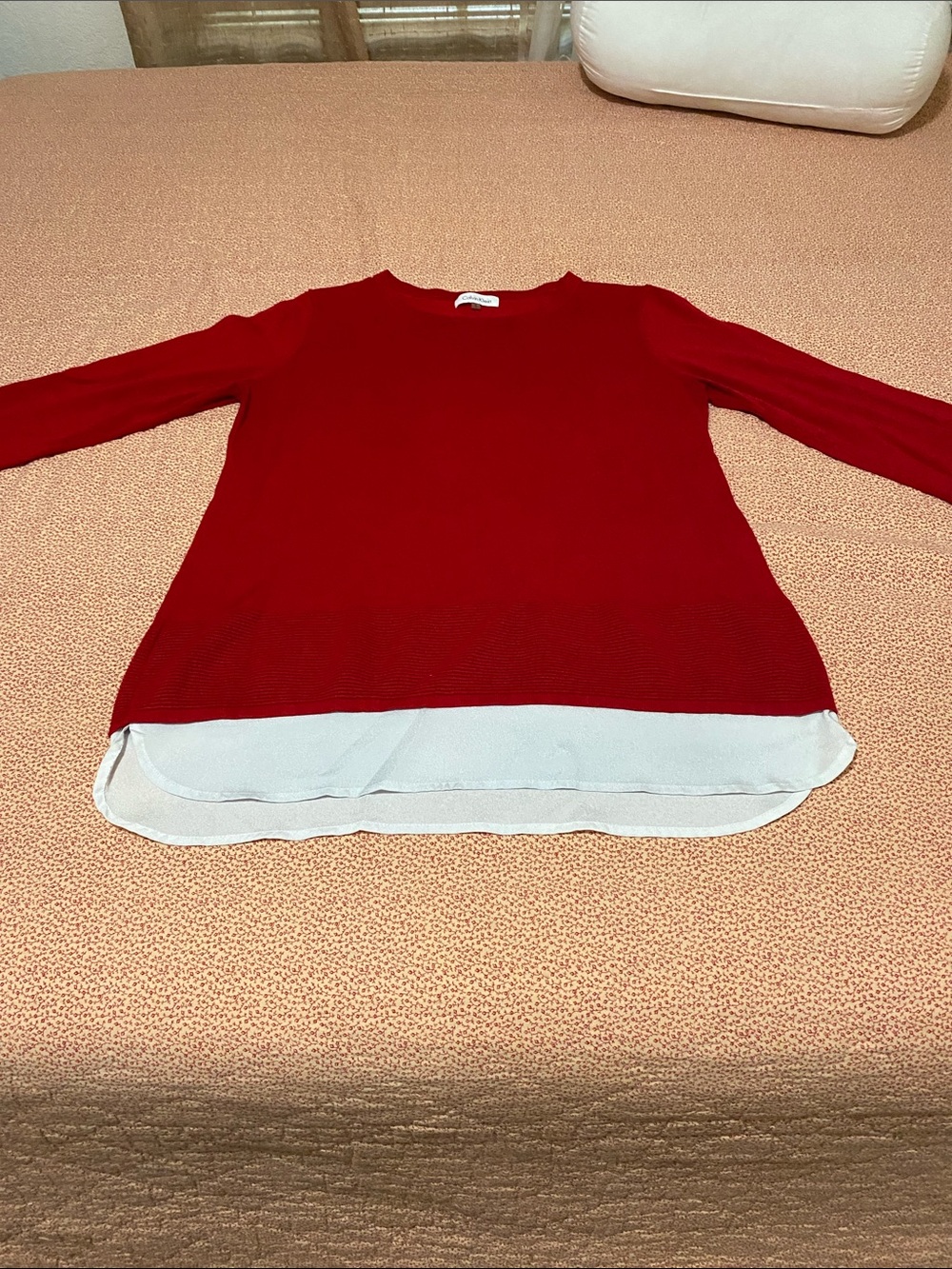 Calvin Klein Red Crewneck Sweater with White Layered Hem